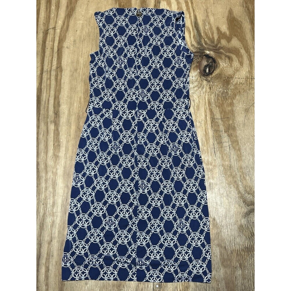 Tory Burch Monogram Silk V-Neck Sleeveless Navy Blue Dress Women XS @H8